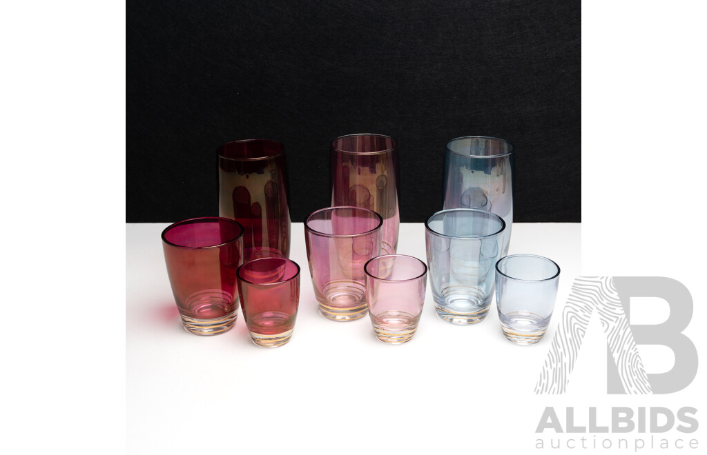 Five Sets of Matching Multicoloured Glassware with Gold Bands