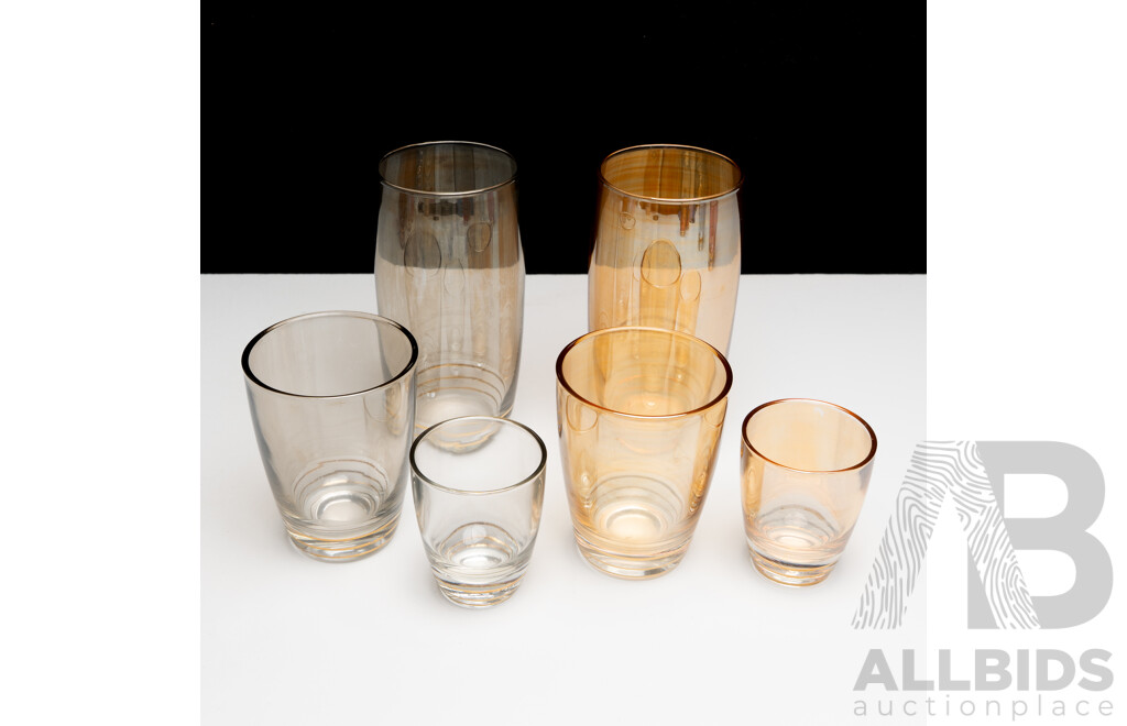 Five Sets of Matching Multicoloured Glassware with Gold Bands