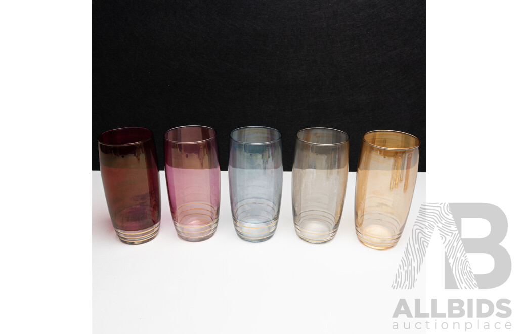 Five Sets of Matching Multicoloured Glassware with Gold Bands