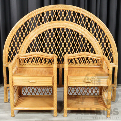 Pair of Vintage Cane and Ply Bedside Chests with Matched Double Bedhead