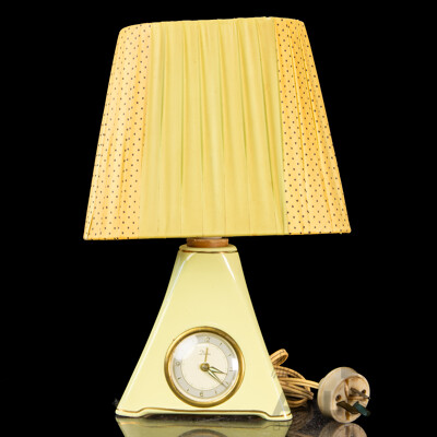 Retro Butter Yellow Diana Pottery Lamp with Built in Alarm Clock and Ribbon Shade