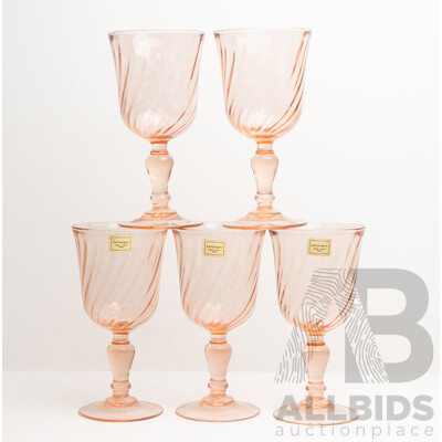 Set of Five Luminarc 'Rosaline' Pink Swirl Water Goblets