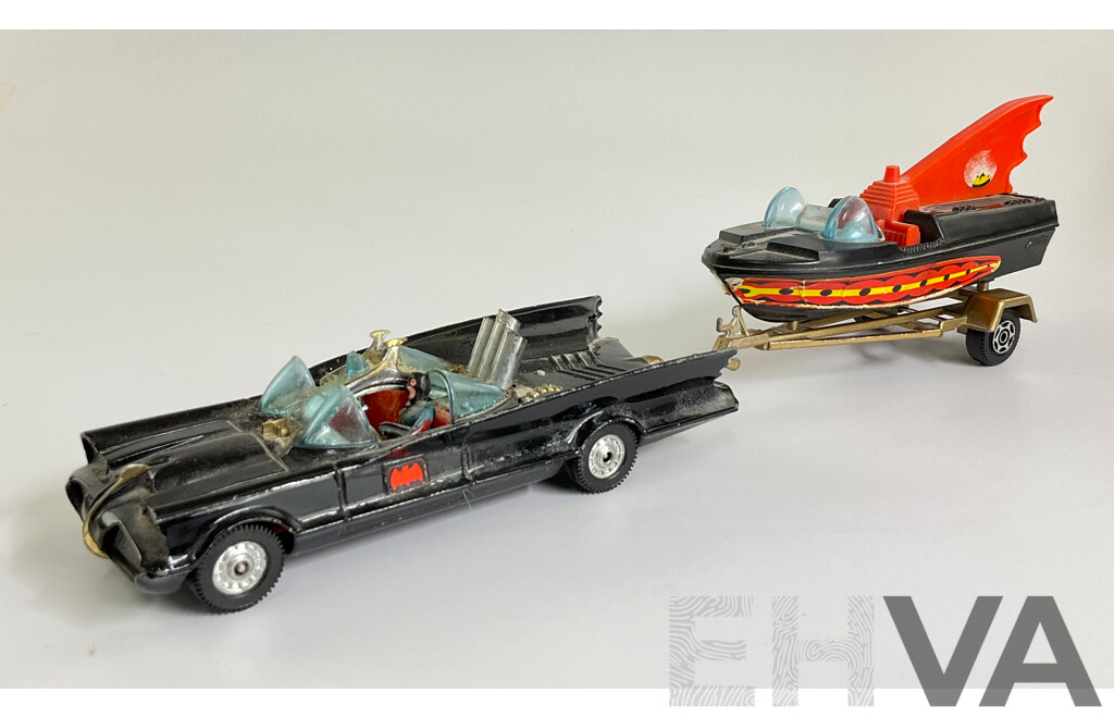 Vintage Corgi Toys Diecast Batmobile with Bat-Boat and Trailer, Made in Great Britain