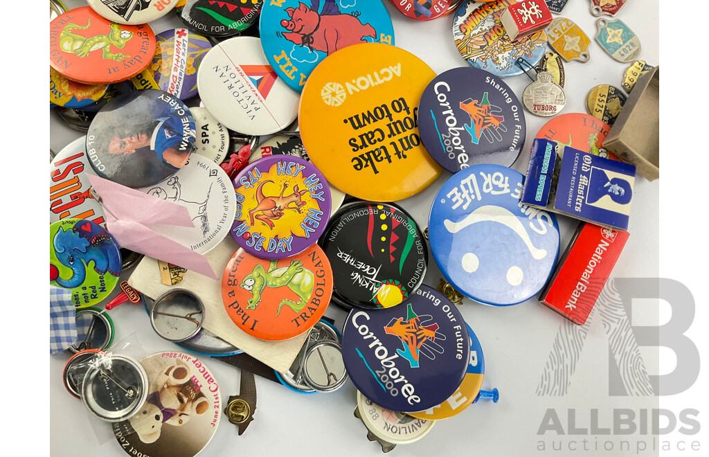 Collection of Vintage Buttons, Matchbooks and Club Membership Key Rings Including Action Busses, National Bank, Wayne Carey