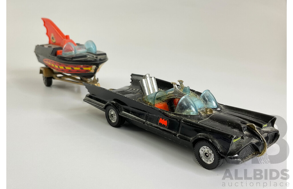 Vintage Corgi Toys Diecast Batmobile with Bat-Boat and Trailer, Made in Great Britain