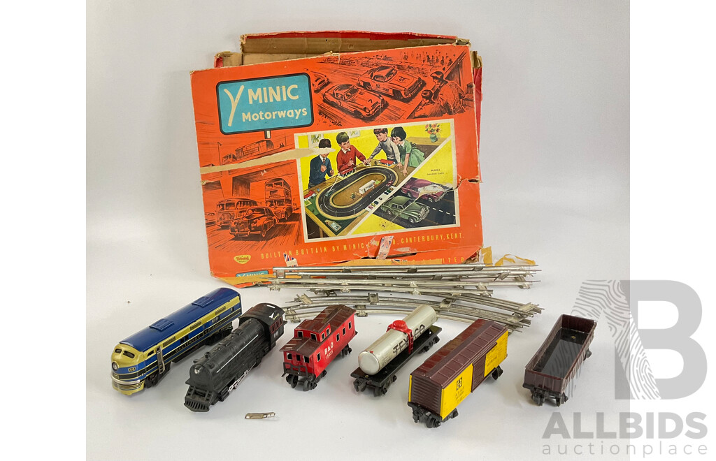 Vintage Diesel and Steam Locomotives, Freight Wagons, Track and Minic Motorways Box
