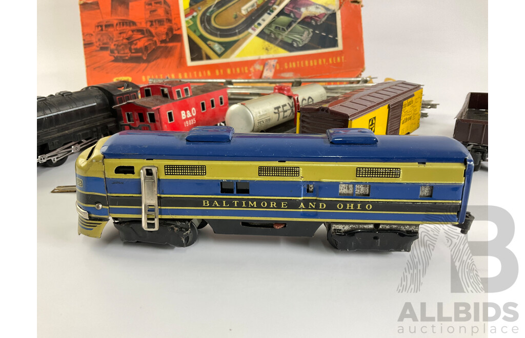 Vintage Diesel and Steam Locomotives, Freight Wagons, Track and Minic Motorways Box