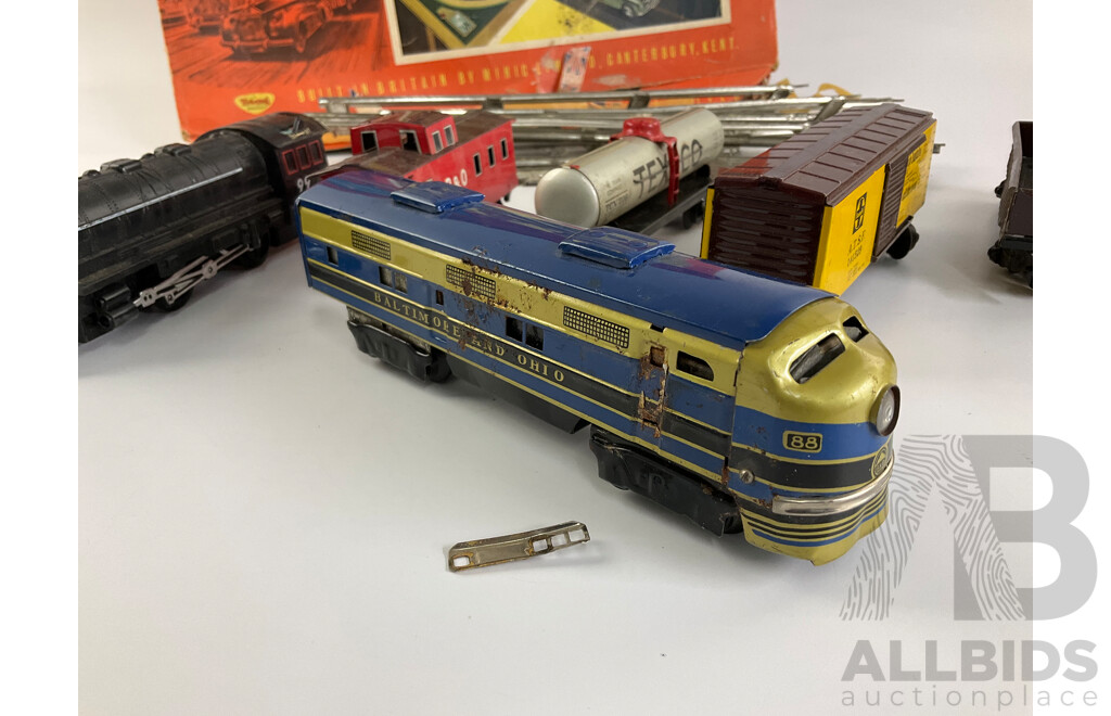 Vintage Diesel and Steam Locomotives, Freight Wagons, Track and Minic Motorways Box