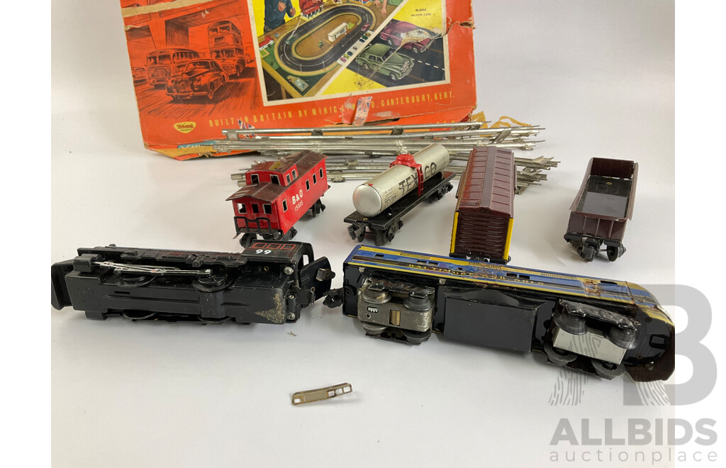 Vintage Diesel and Steam Locomotives, Freight Wagons, Track and Minic Motorways Box