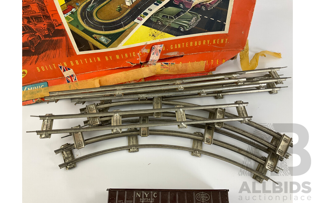 Vintage Diesel and Steam Locomotives, Freight Wagons, Track and Minic Motorways Box