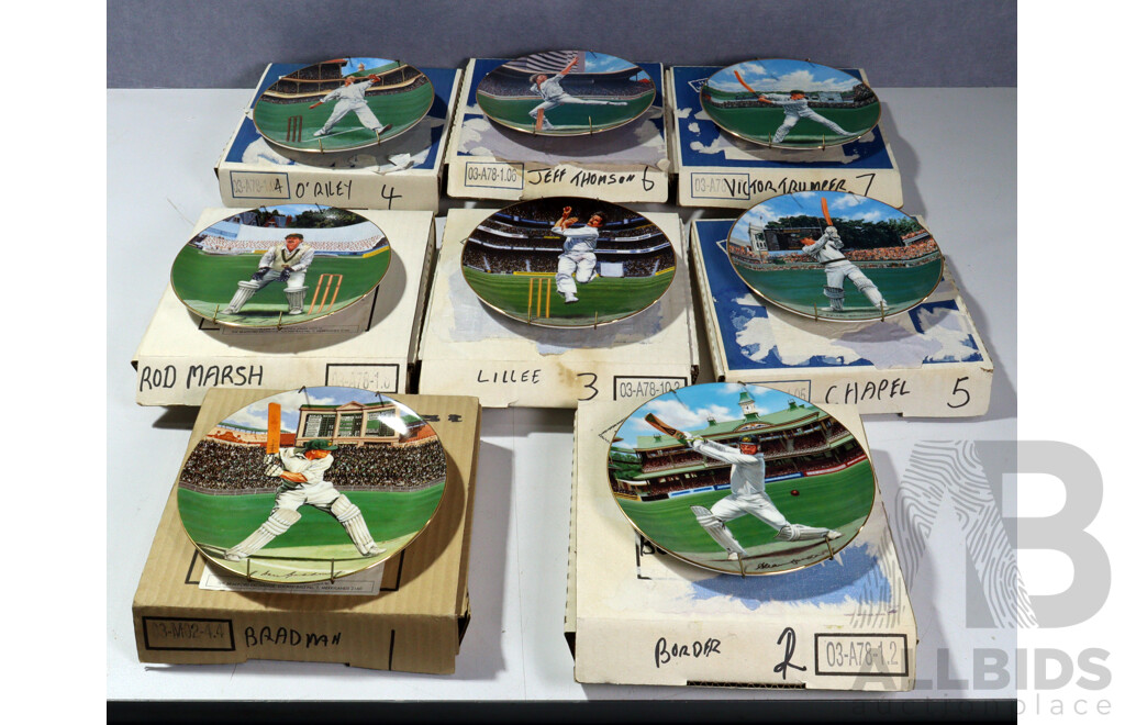 Collection Eight Bradford Exchange Porcelain Commemorative Australian Cricket Player Display Plates in Original Boxes Including Marsh, Lillee, Bradman and More