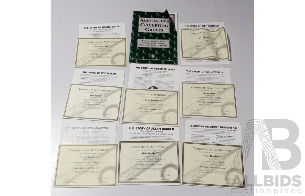Collection Eight Bradford Exchange Porcelain Commemorative Australian Cricket Player Display Plates in Original Boxes Including Marsh, Lillee, Bradman and More