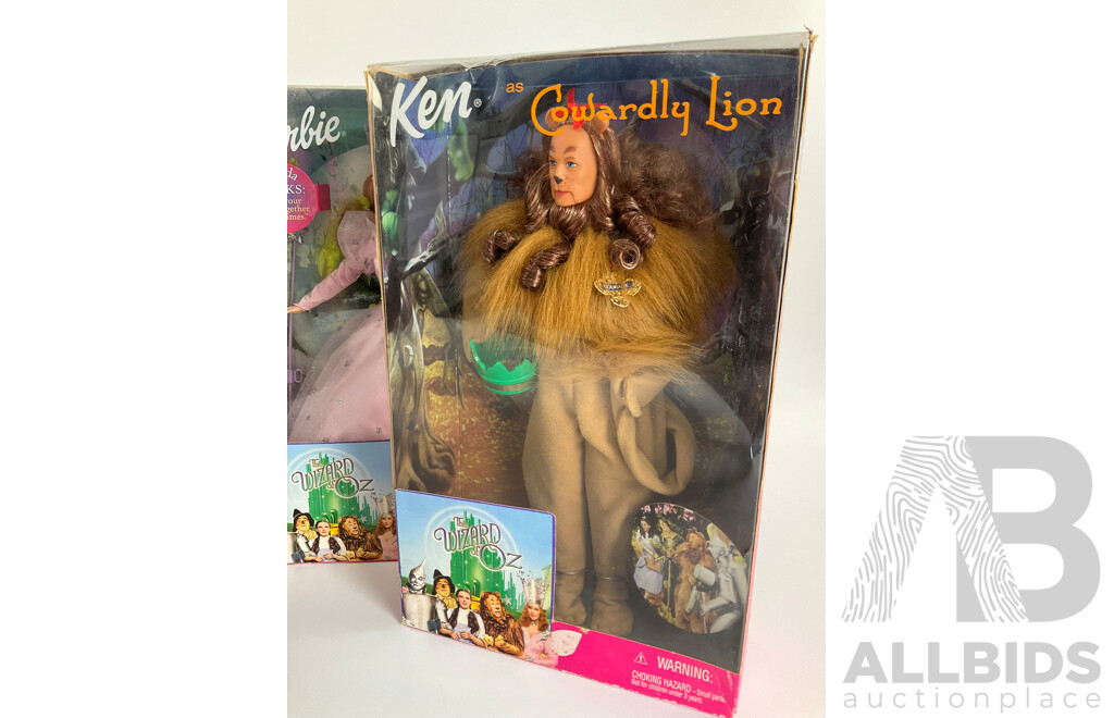 Four Boxed Barbie Wizard of Oz Dolls Including Wicked Witch of the West, Cowardly Lion, Scarecrow, Glinda
