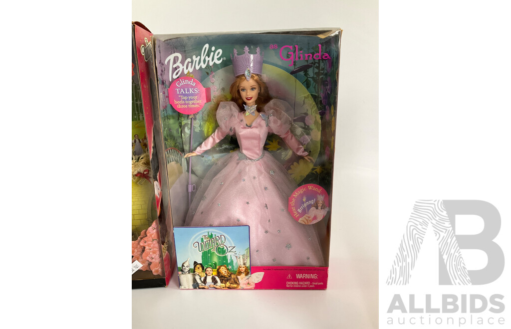Four Boxed Barbie Wizard of Oz Dolls Including Wicked Witch of the West, Cowardly Lion, Scarecrow, Glinda