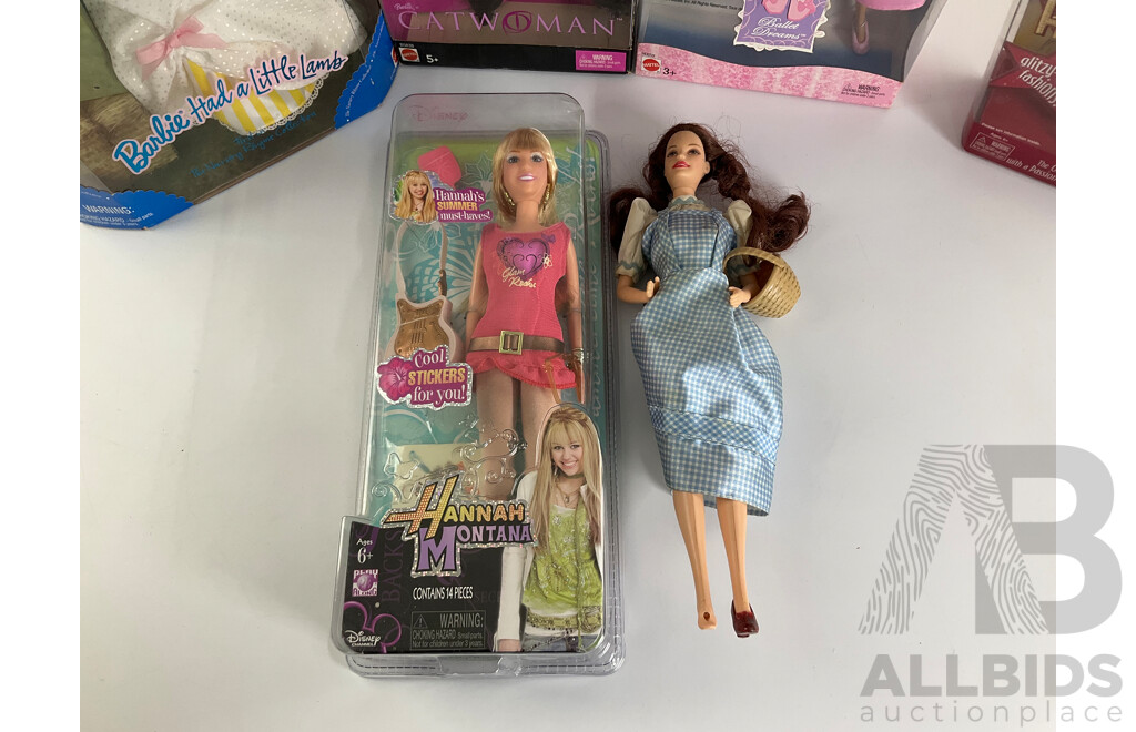 Five Boxed Dolls Including Barbie Had a Little Lamb, Catwoman, Ballet Dreams, Bratz Hollywood Style, Hanna Montana, and Loose Barbie