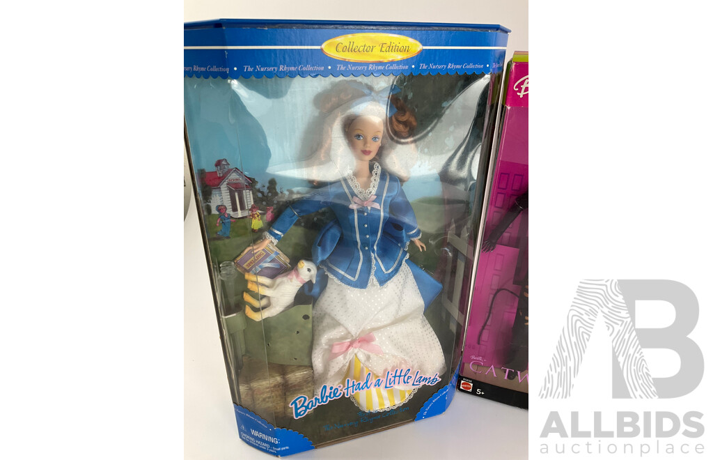 Five Boxed Dolls Including Barbie Had a Little Lamb, Catwoman, Ballet Dreams, Bratz Hollywood Style, Hanna Montana, and Loose Barbie