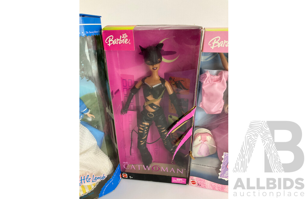Five Boxed Dolls Including Barbie Had a Little Lamb, Catwoman, Ballet Dreams, Bratz Hollywood Style, Hanna Montana, and Loose Barbie