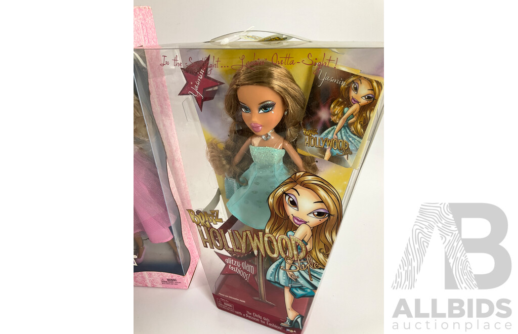 Five Boxed Dolls Including Barbie Had a Little Lamb, Catwoman, Ballet Dreams, Bratz Hollywood Style, Hanna Montana, and Loose Barbie