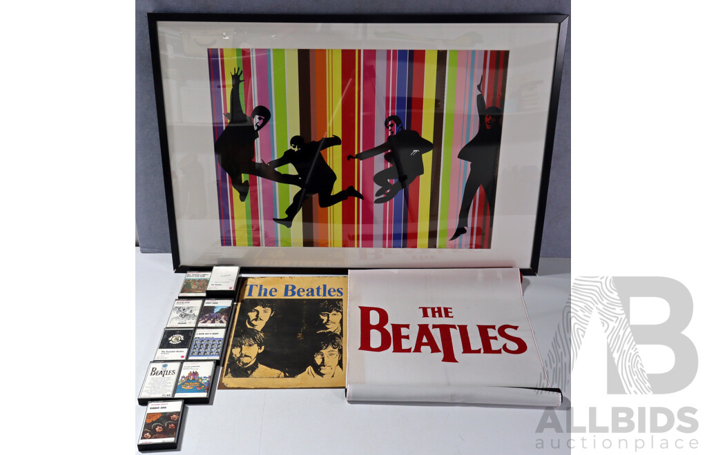 Collection Beatles Cassette Tapes, Modern Tin Sign, Flag and Framed Poster