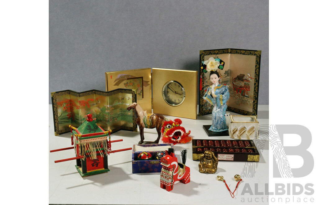 Collection Asian Souvenir Ware Including Jewellery Box, Japanese Hachinohe Yawata Uma Horse, Clock and More
