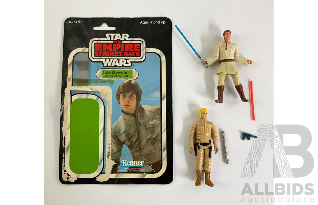 Vintage Kenner Star Wars Empire Strikes Back Luke Skywalker Figurine with Original Cardboard Backing and Obi-Wan Kenobi