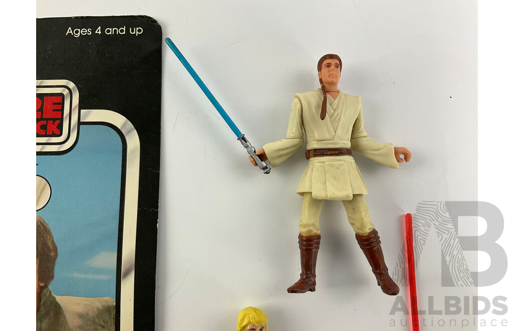 Vintage Kenner Star Wars Empire Strikes Back Luke Skywalker Figurine with Original Cardboard Backing and Obi-Wan Kenobi