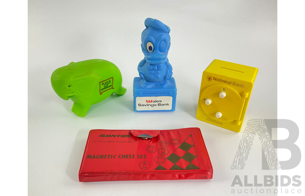 Three Vintage Money Banks and Qantas Chess Set Including Wales Saving Bank, Commonwealth Savings Bank Elephant, National Bank Mini Bank Safe