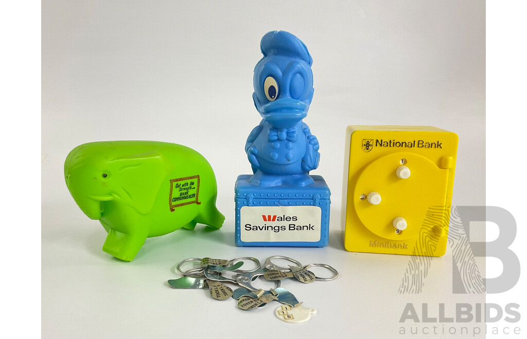Three Vintage Money Banks and Qantas Chess Set Including Wales Saving Bank, Commonwealth Savings Bank Elephant, National Bank Mini Bank Safe