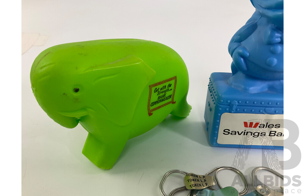 Three Vintage Money Banks and Qantas Chess Set Including Wales Saving Bank, Commonwealth Savings Bank Elephant, National Bank Mini Bank Safe