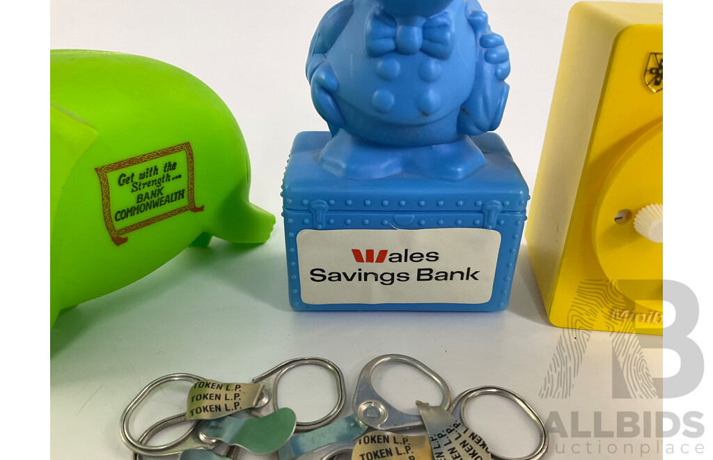 Three Vintage Money Banks and Qantas Chess Set Including Wales Saving Bank, Commonwealth Savings Bank Elephant, National Bank Mini Bank Safe