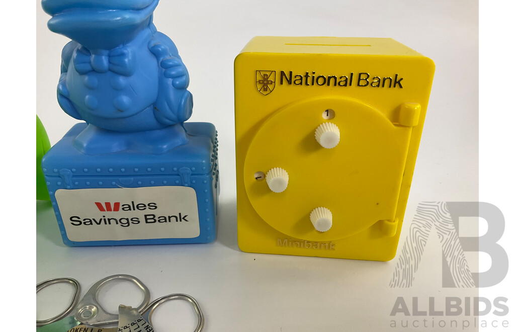 Three Vintage Money Banks and Qantas Chess Set Including Wales Saving Bank, Commonwealth Savings Bank Elephant, National Bank Mini Bank Safe