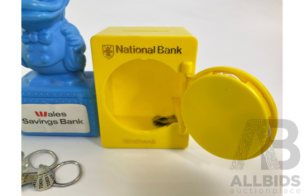 Three Vintage Money Banks and Qantas Chess Set Including Wales Saving Bank, Commonwealth Savings Bank Elephant, National Bank Mini Bank Safe