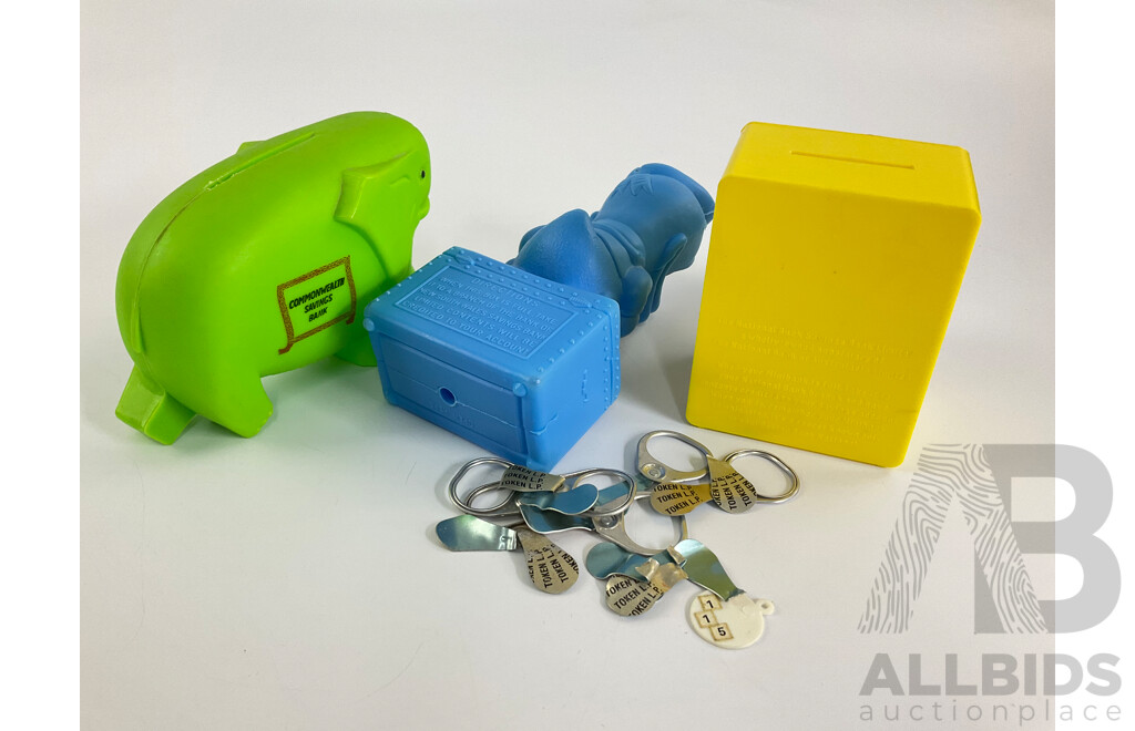 Three Vintage Money Banks and Qantas Chess Set Including Wales Saving Bank, Commonwealth Savings Bank Elephant, National Bank Mini Bank Safe