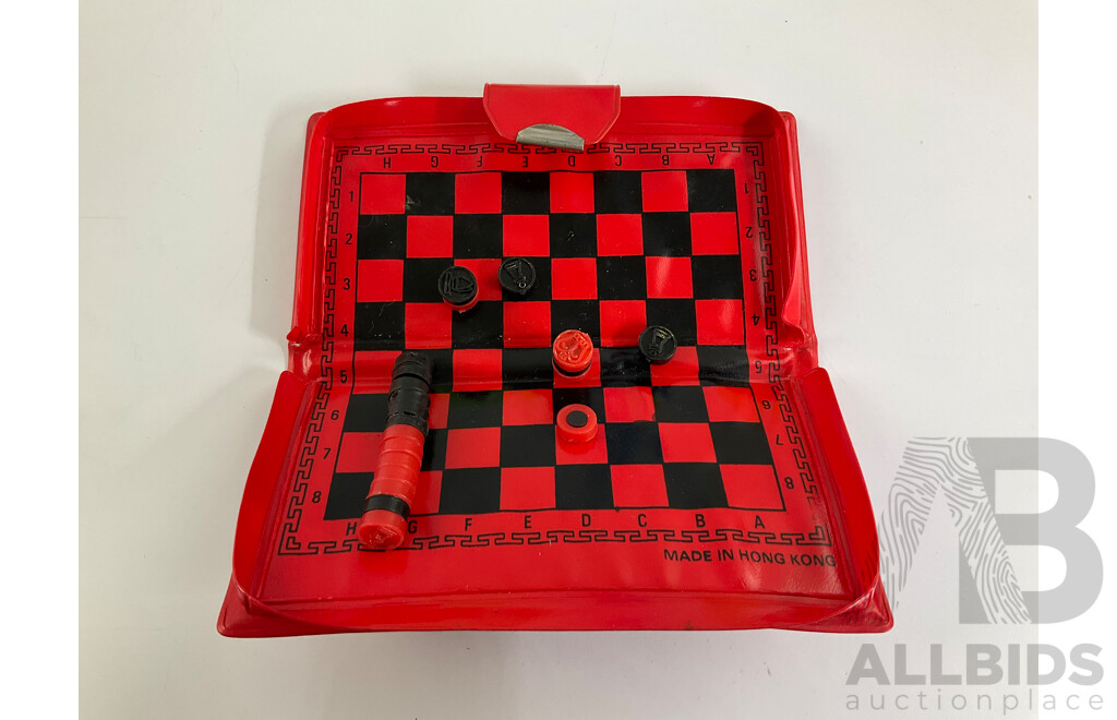 Three Vintage Money Banks and Qantas Chess Set Including Wales Saving Bank, Commonwealth Savings Bank Elephant, National Bank Mini Bank Safe