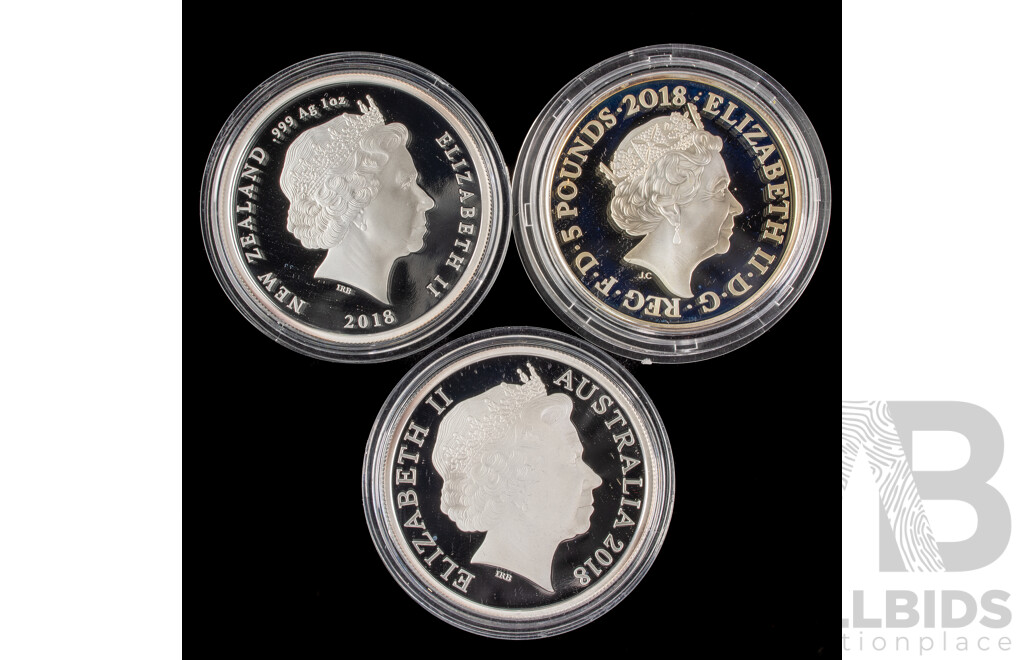 Royal Australian Mint/Royal Mint/New Zealand Post 2018 Three Silver Proof Coin Set, Armistice Centenary .999