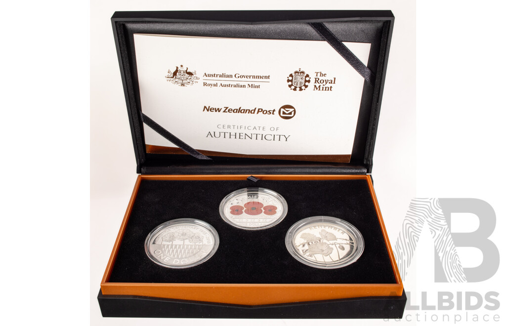 Royal Australian Mint/Royal Mint/New Zealand Post 2018 Three Silver Proof Coin Set, Armistice Centenary .999