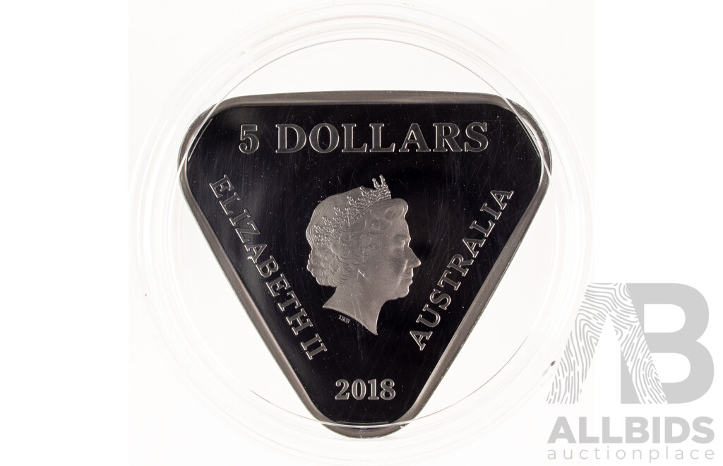 Australian RAM 2018 Silver Proof Nickle Plated Triangular Five Dollar Coin, AC/DC Forty Five Years of Thunder