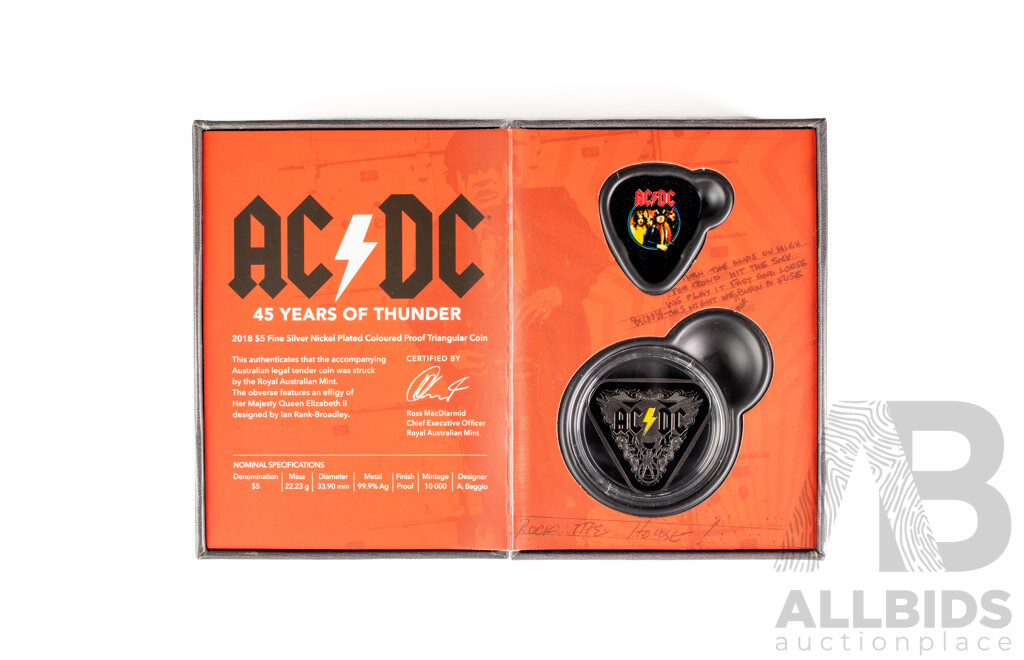Australian RAM 2018 Silver Proof Nickle Plated Triangular Five Dollar Coin, AC/DC Forty Five Years of Thunder