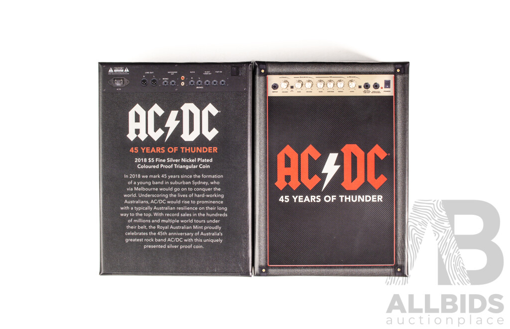 Australian RAM 2018 Silver Proof Nickle Plated Triangular Five Dollar Coin, AC/DC Forty Five Years of Thunder