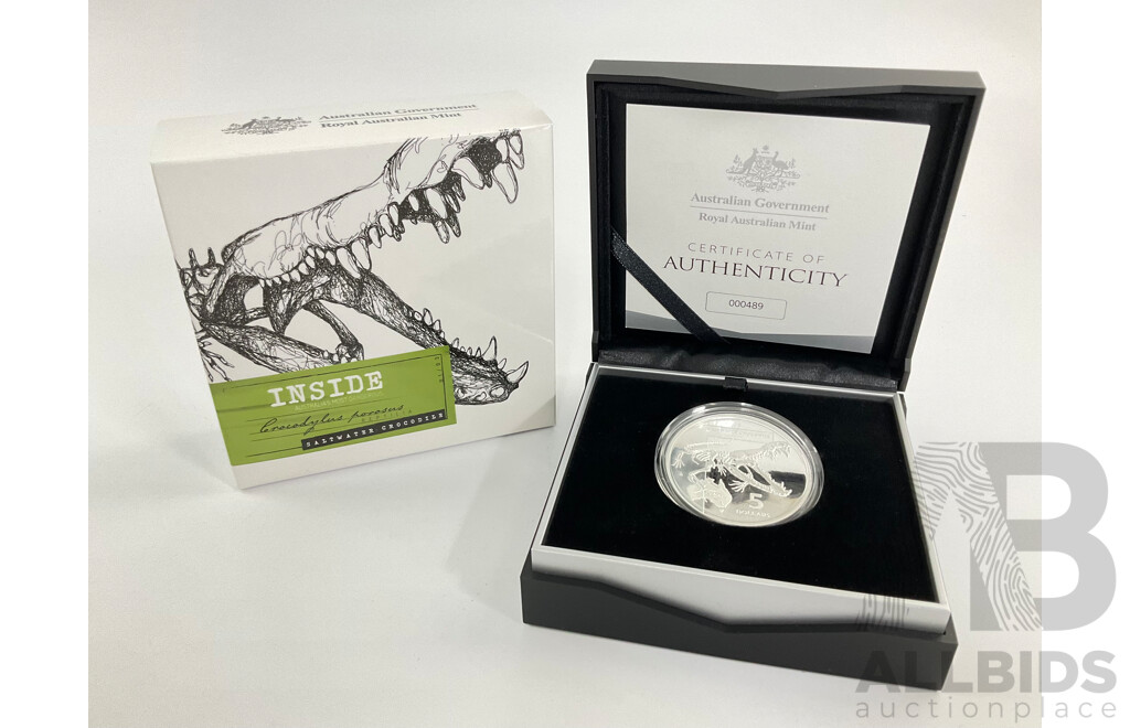 Australian RAM 2020 Silver Five Dollar Proof Coin, Inside - Australia's Most Dangerous Saltwater Crocodile .999