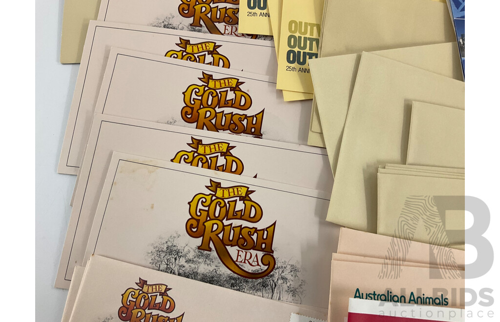 Collection of Australian Stamp Packs, First Day Covers and Prepaid Envelopes Including Australian Painting Series, Australian Fungi, Desert Gold, Gold Rush Era, Outward Bound