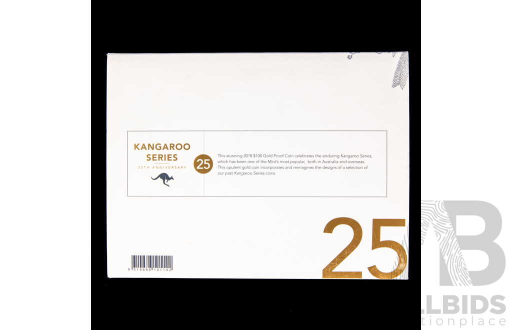 Australian RAM 2018 Gold One Hundred Dollar Coin, Kangaroo Series 25th Anniversary, One Ounce .999