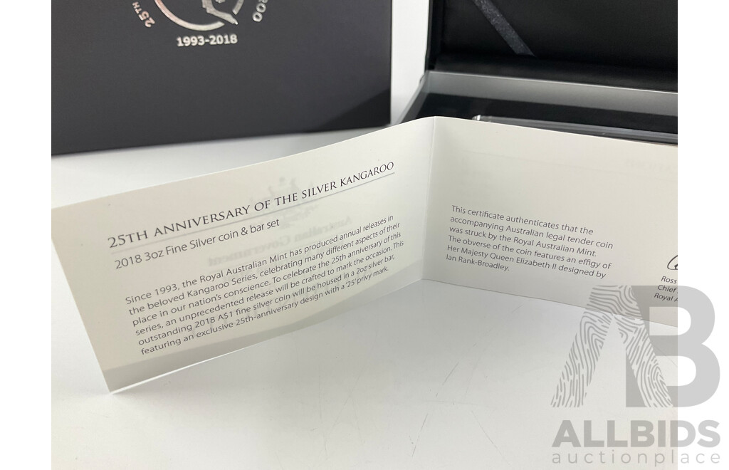 Australian RAM 2018 Three Ounce Silver Coin and Bar Set, 25th Anniversary of the Silver Kangaroo .999