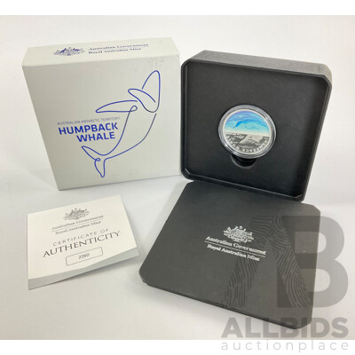Australian RAM 2023 Silver Proof Coloured Five Dollar Coin, Antarctic Territory Humpback Whale .999