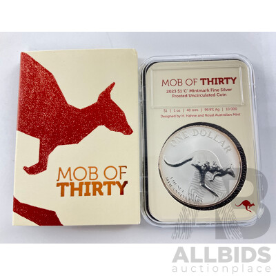 Australian RAM 2023 Silver Frosted One Dollar Coin, Mob of Thirty - 30th Anniversary of the Kangaroo Series, C Mintmark