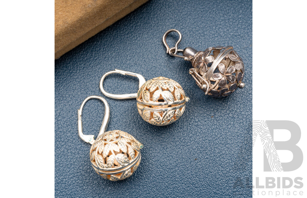 Vintage Silver Harmony/perfume Ball Locket Filigree Earrings & Pendant with Onyx Cabochon, 13.20 Grams