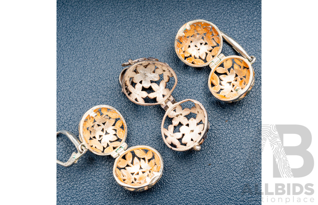 Vintage Silver Harmony/perfume Ball Locket Filigree Earrings & Pendant with Onyx Cabochon, 13.20 Grams