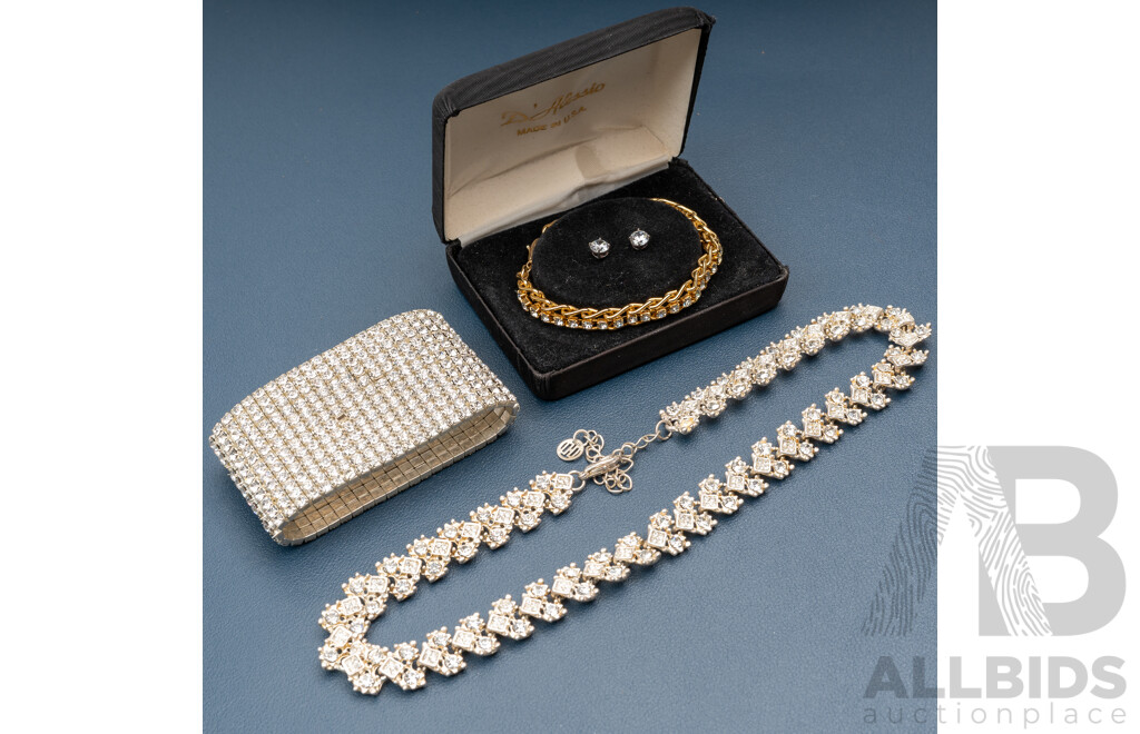 D'Alessio USA Vintage Diamonte Stud Earrings & Bracelet Set with Other Vintage Paste Stone Jewellery