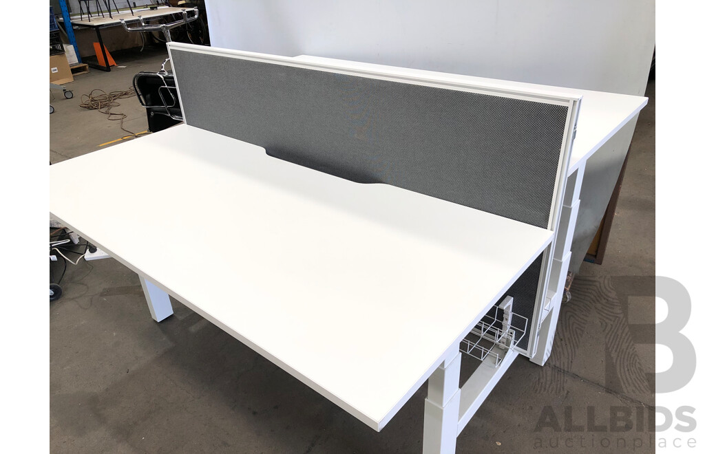 JasonL 1800mm Premium Height Adjustable Two Person H Bench Workstation with Cable Scallop and Privacy Screen