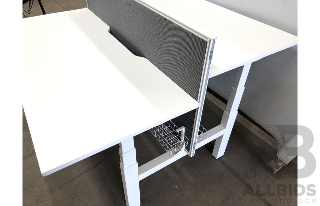 JasonL 1800mm Premium Height Adjustable Two Person H Bench Workstation with Cable Scallop and Privacy Screen